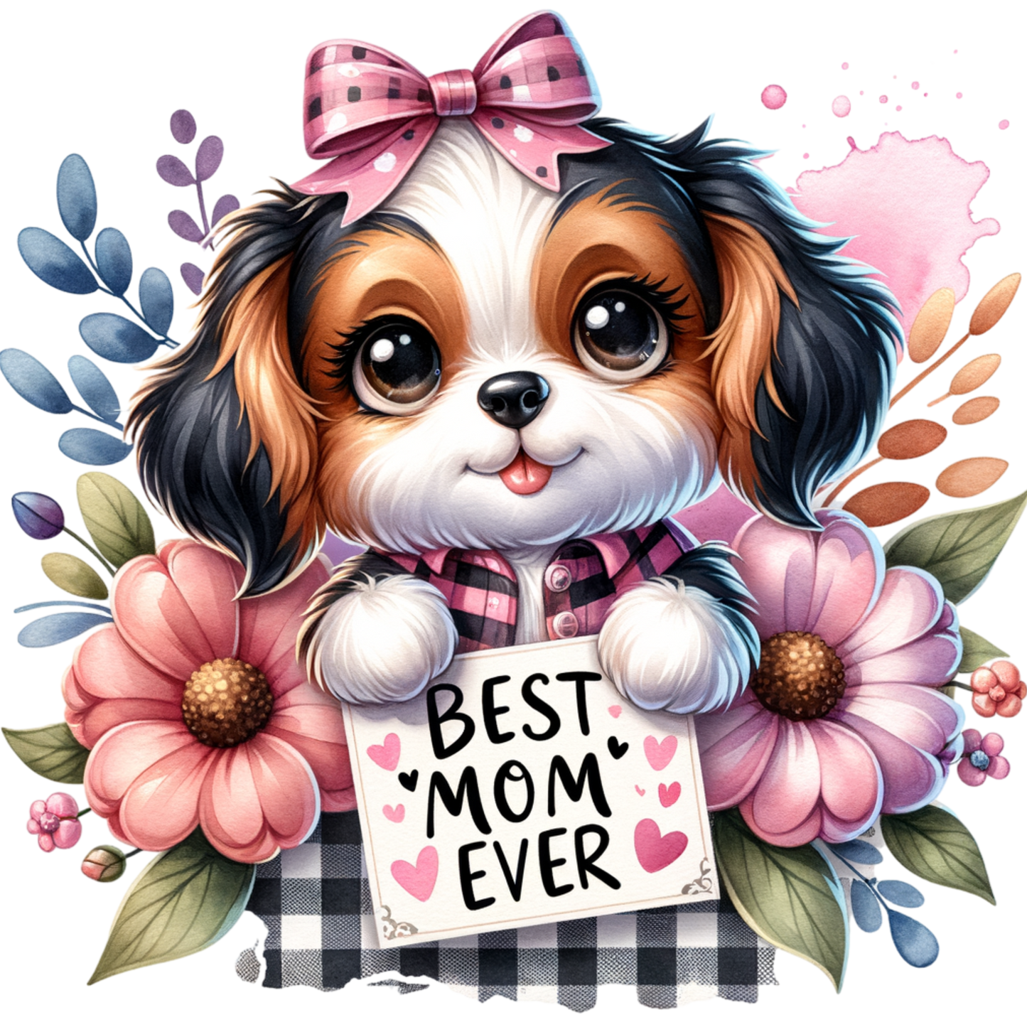 Best Mom Ever Adorable Girl Puppy Dog with Flowers Mouse Pad