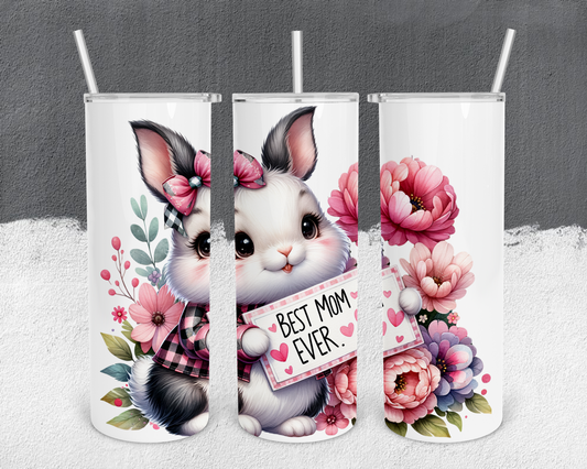 Best Mom Ever Adorable Bunny Rabbit 20oz Tumbler with Metal Straw, Straw Cleaner & Rubber Bottom on Tumbler