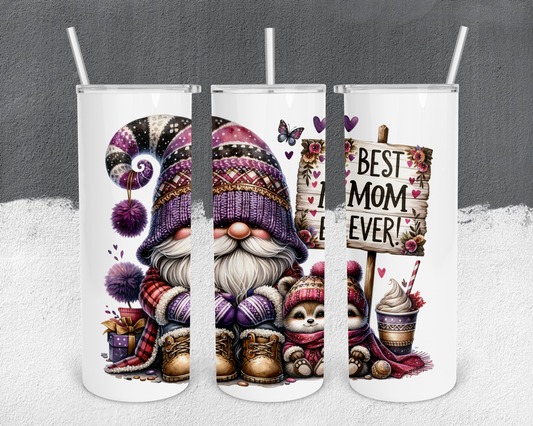 Best Mom Ever Gnome 20oz Tumbler with Metal Straw, Straw Cleaner & Rubber Bottom on Tumbler