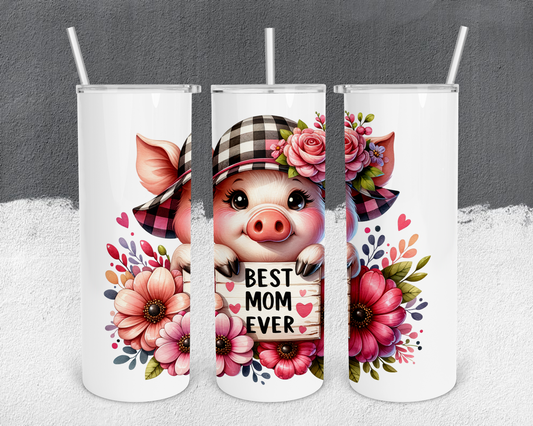 Best Mom Ever Pig 20oz Tumbler with Metal Straw, Straw Cleaner & Rubber Bottom on Tumbler