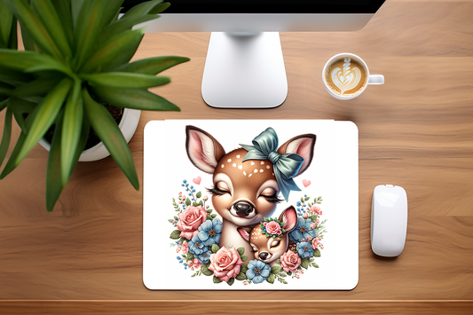 Adorable Momma Deer with Baby with Flowers Mouse Pad