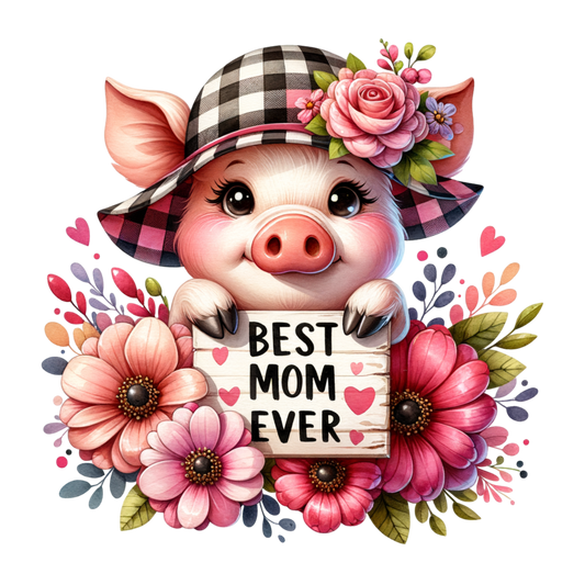Best Mom Ever Adorable Pig with Flowers Mouse Pad