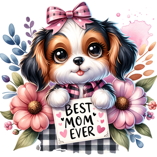 Best Mom Ever Adorable Girl Puppy Dog with Flowers Mouse Pad