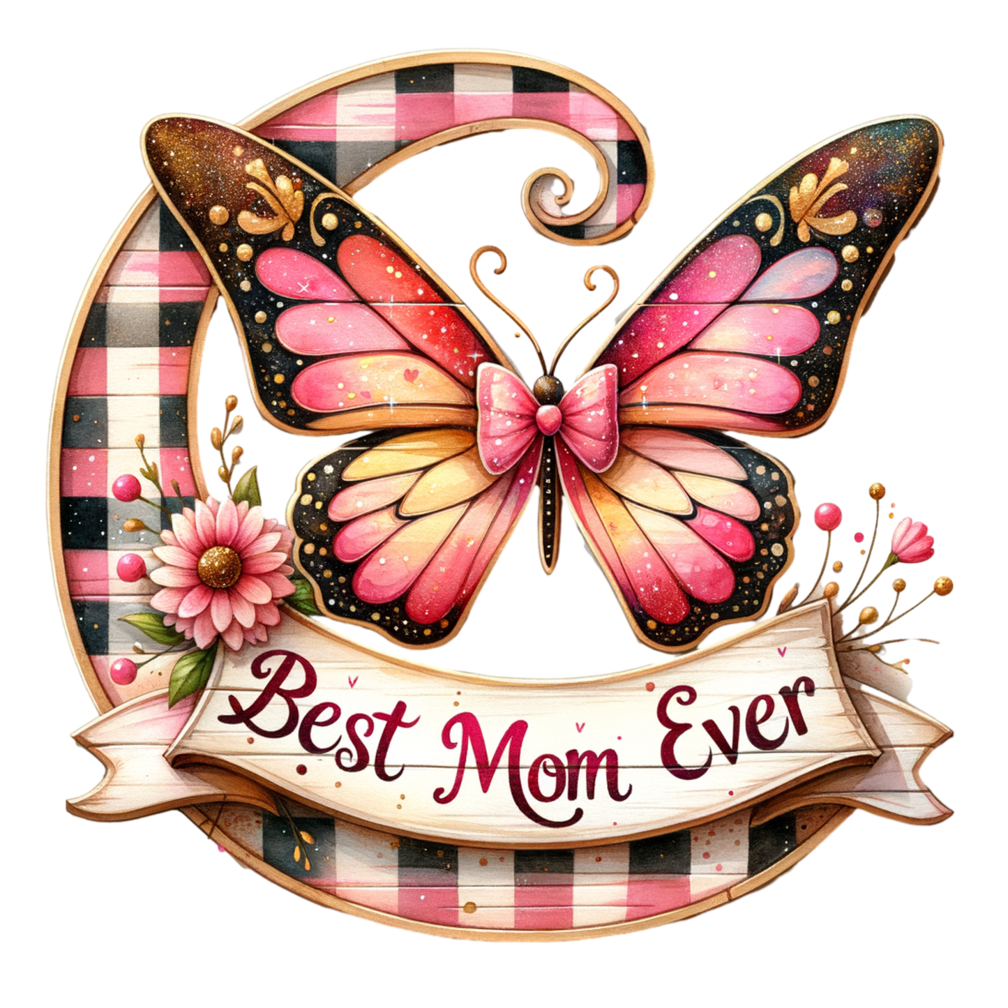 Best Mom Ever Pink Butterfly 20oz Tumbler with Metal Straw, Straw Cleaner & Rubber Bottom on Tumbler