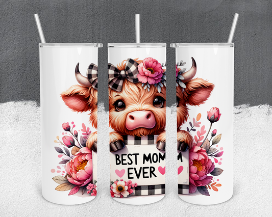Best Mom Ever Adorable Bull Cow 20oz Tumbler with Metal Straw, Straw Cleaner & Rubber Bottom on Tumbler