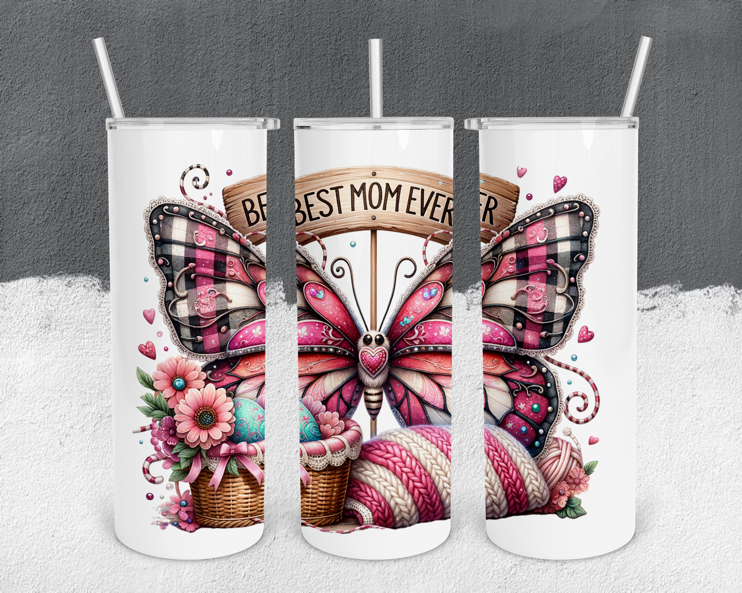 Best Mom Ever Butterfly 20oz Tumbler with Metal Straw, Straw Cleaner & Rubber Bottom on Tumbler