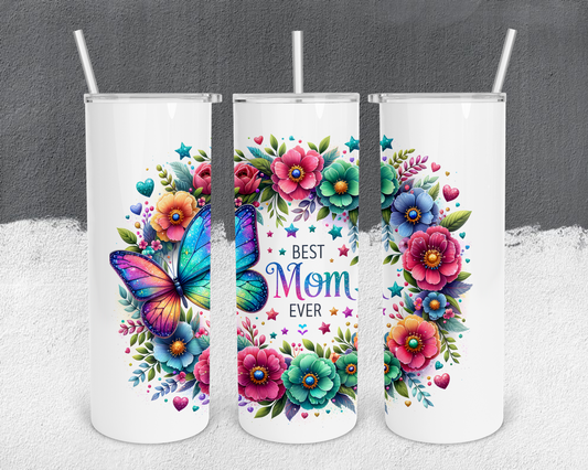Best Mom Ever Flower 20oz Tumbler with Metal Straw, Straw Cleaner & Rubber Bottom on Tumbler