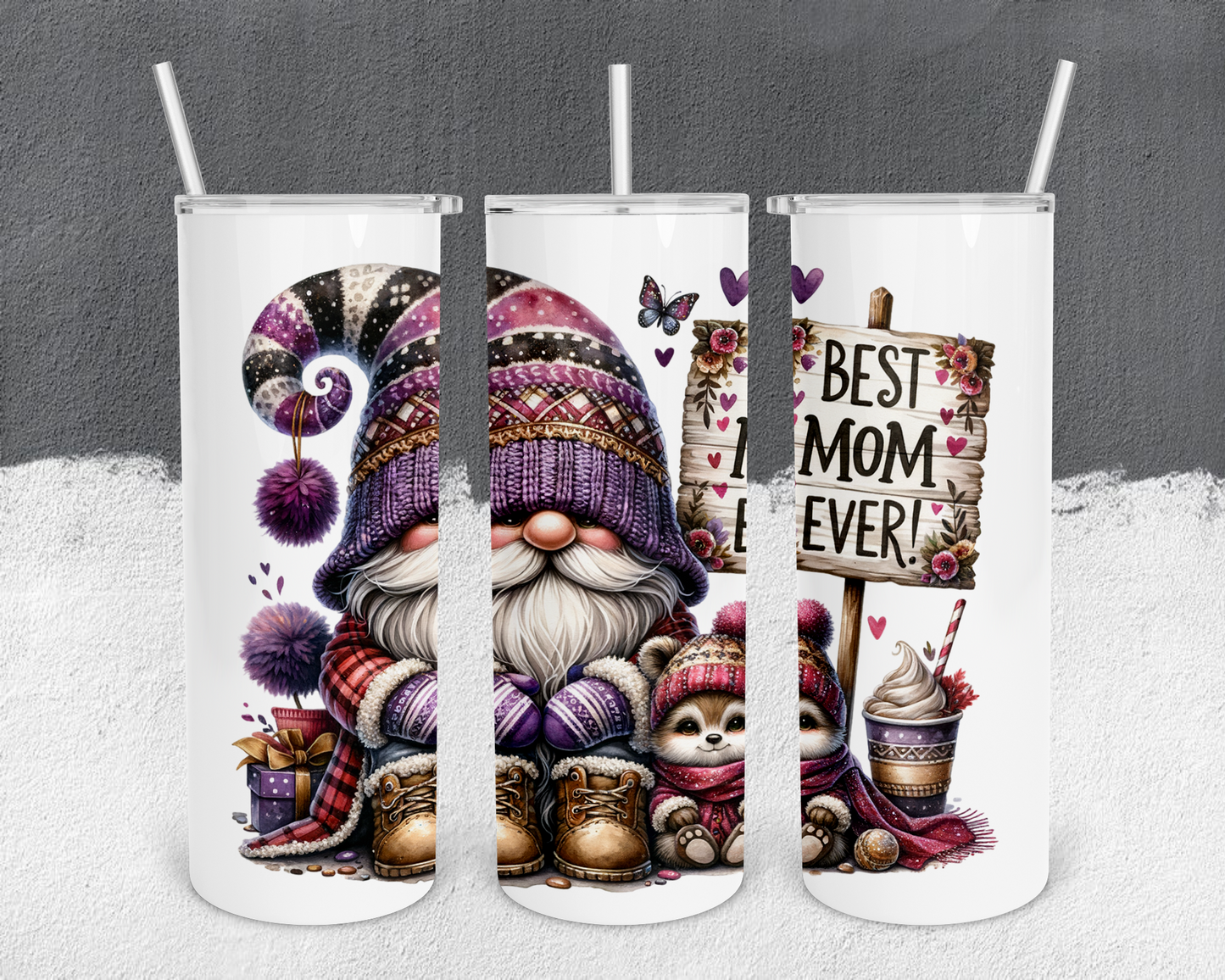 Best Mom Ever Gnome 20oz Tumbler with Metal Straw, Straw Cleaner & Rubber Bottom on Tumbler