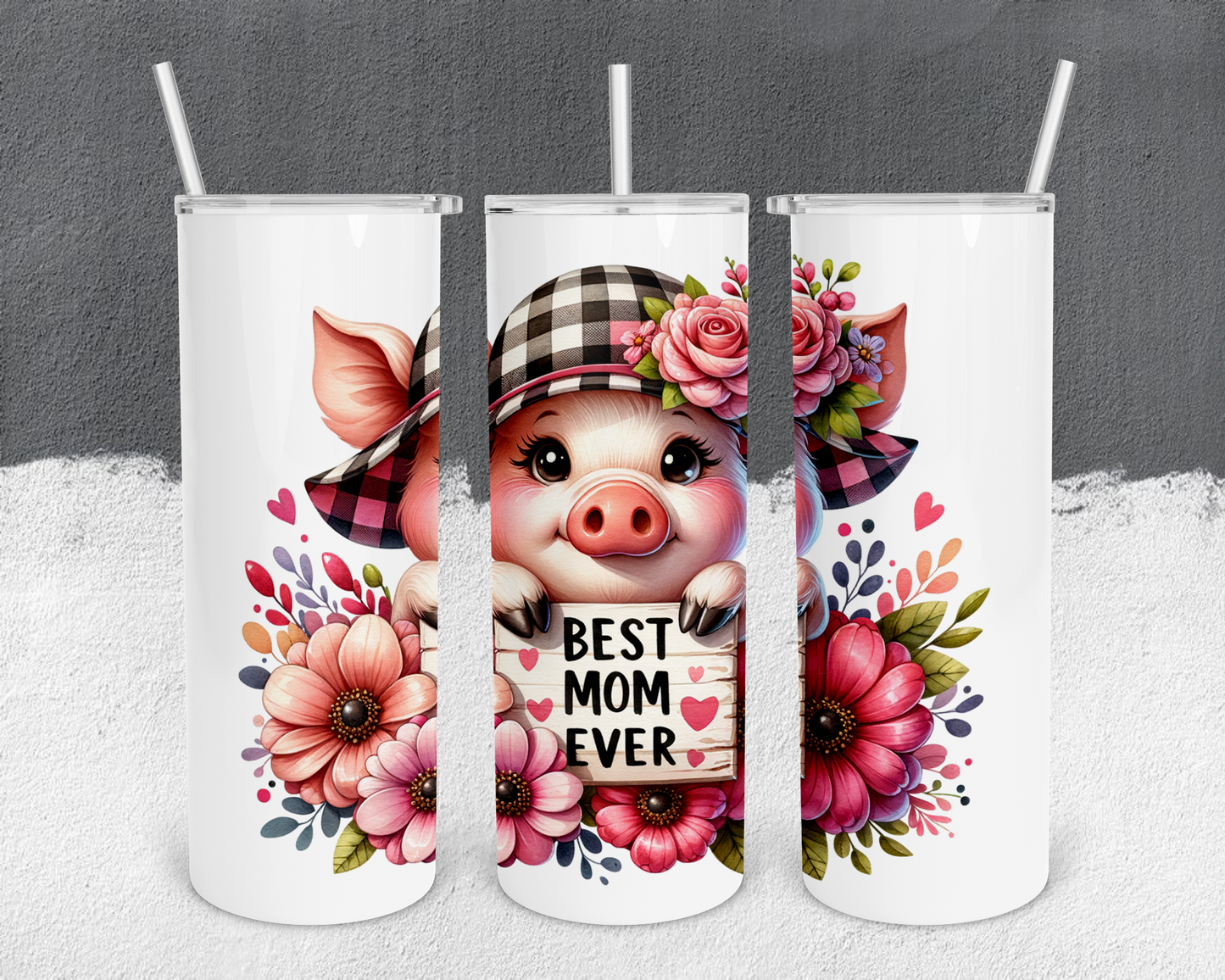 Best Mom Ever Pig 20oz Tumbler with Metal Straw, Straw Cleaner & Rubber Bottom on Tumbler