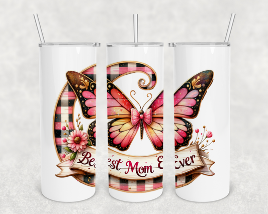 Best Mom Ever Pink Butterfly 20oz Tumbler with Metal Straw, Straw Cleaner & Rubber Bottom on Tumbler