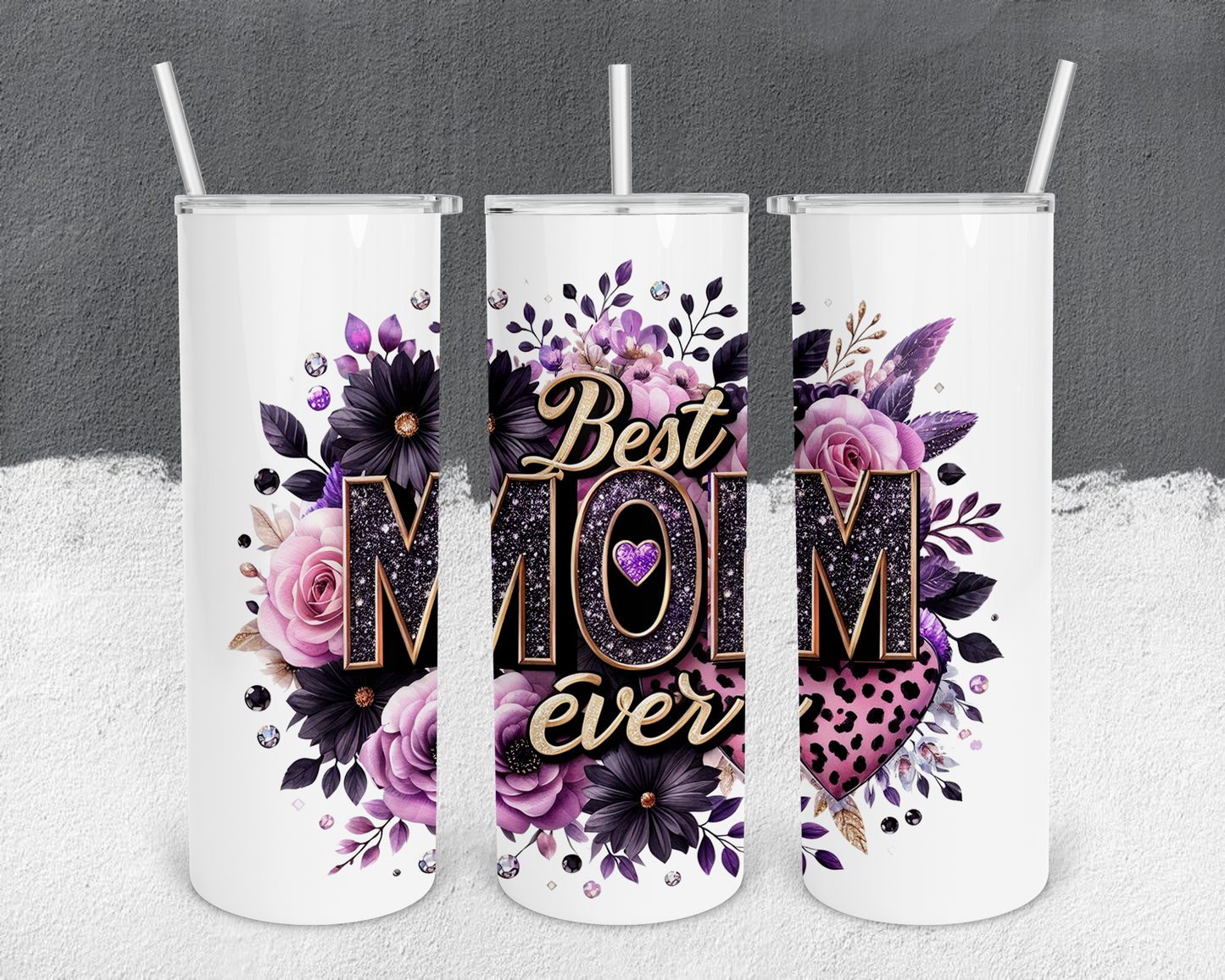 Best Mom Ever Purple Flowers 20oz Tumbler with Metal Straw, Straw Cleaner & Rubber Bottom on Tumbler