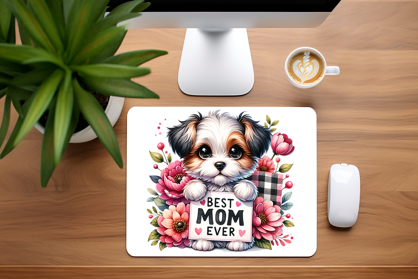 Best Mom Ever Adorable Boy Puppy Dog with Flowers Mouse Pad