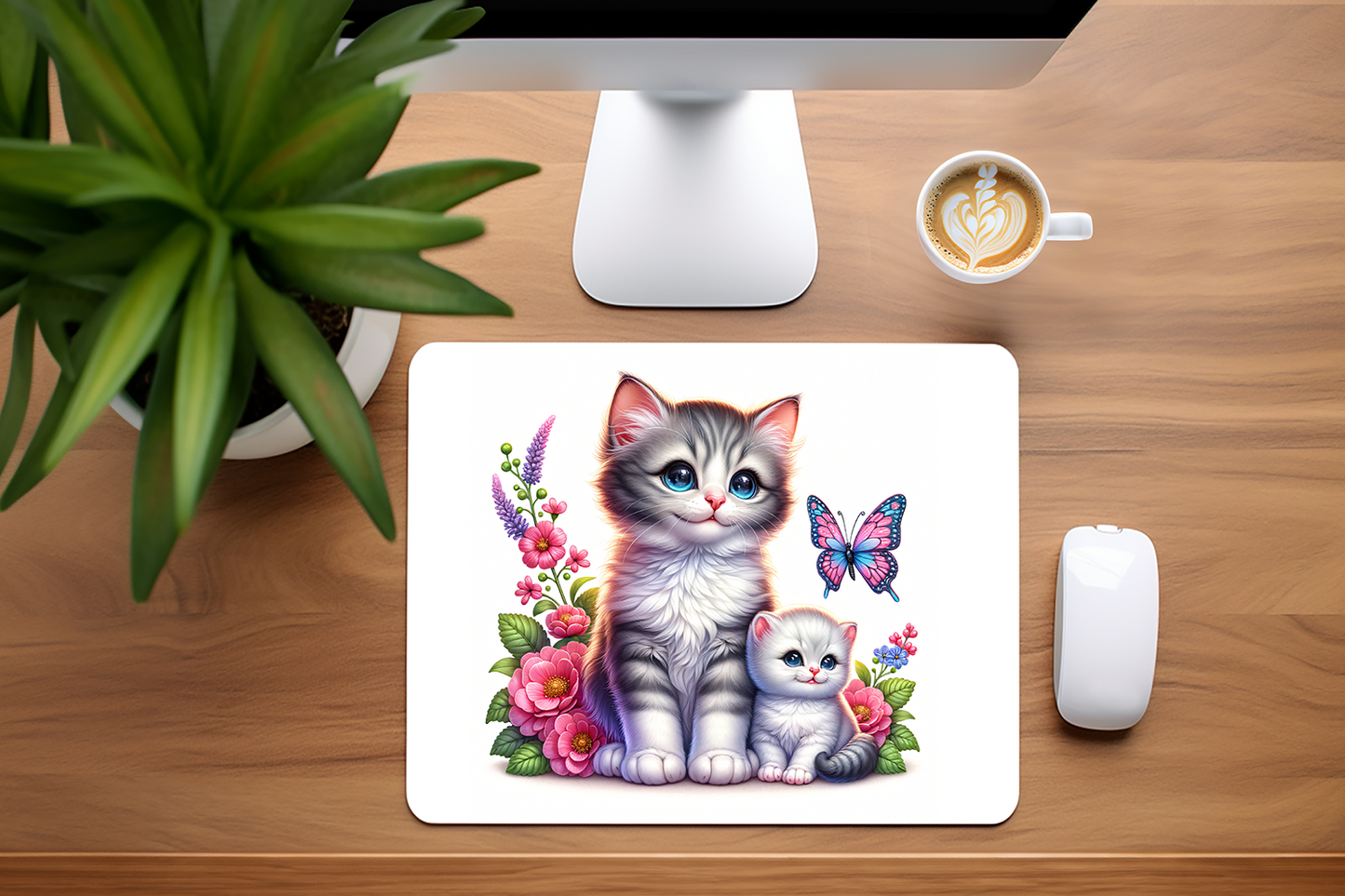 Adorable Momma Cat with Baby with Flowers Mouse Pad