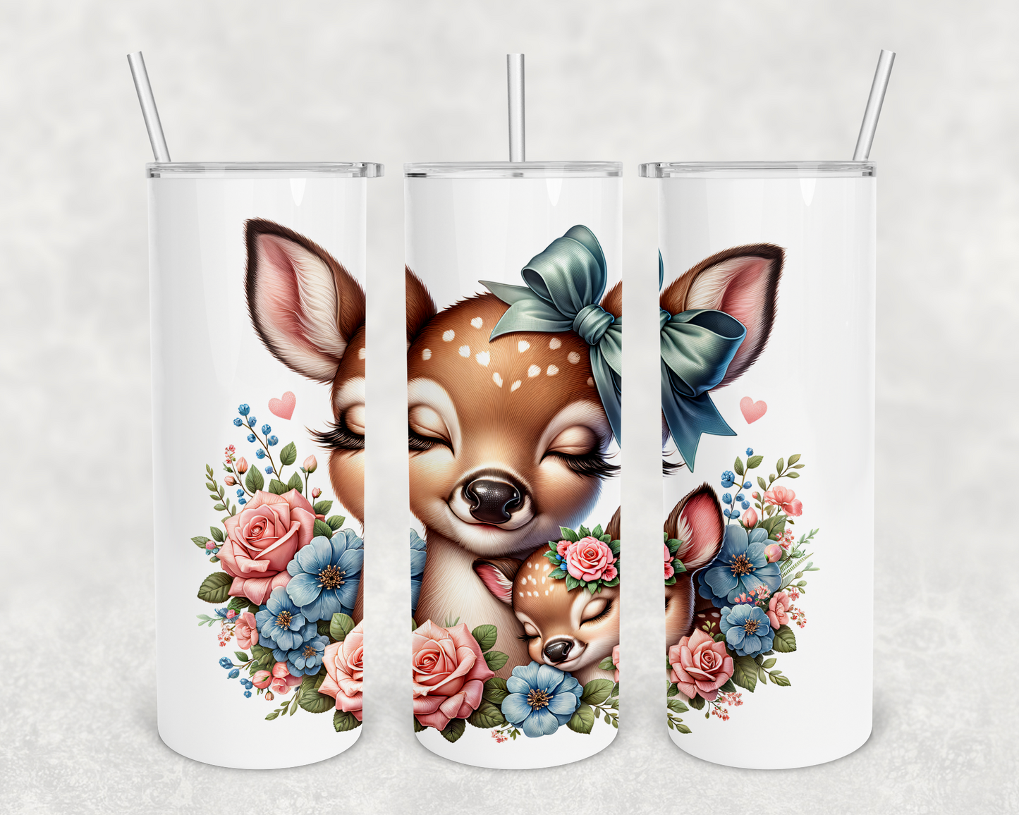Momma Deer with Baby 20oz Tumbler with Metal Straw, Straw Cleaner & Rubber Bottom on Tumbler