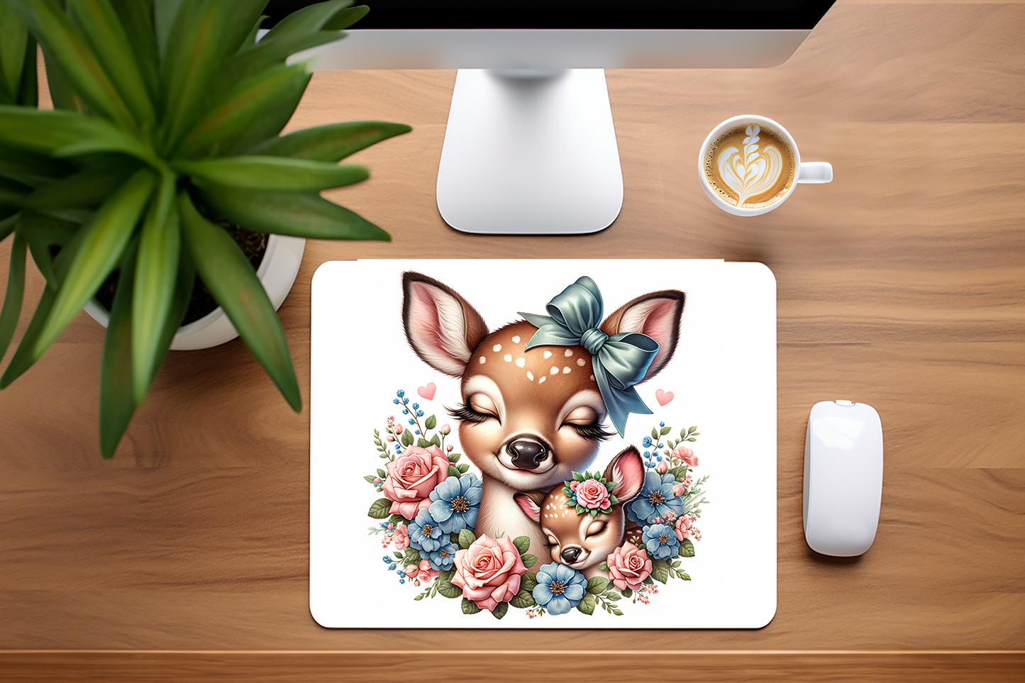 Adorable Momma Deer with Baby with Flowers Mouse Pad