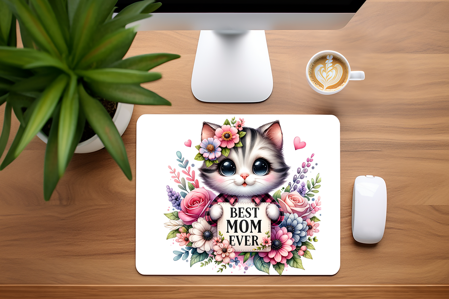 Best Mom Ever Adorable Kitten with Flowers Mouse Pad