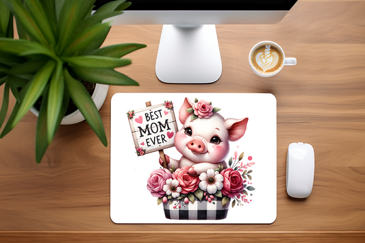 Best Mom Ever Adorable Pig Holding Sign in Basket Mouse Pad