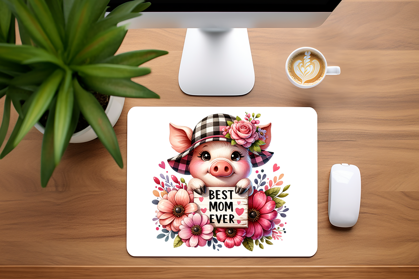Best Mom Ever Adorable Pig with Flowers Mouse Pad