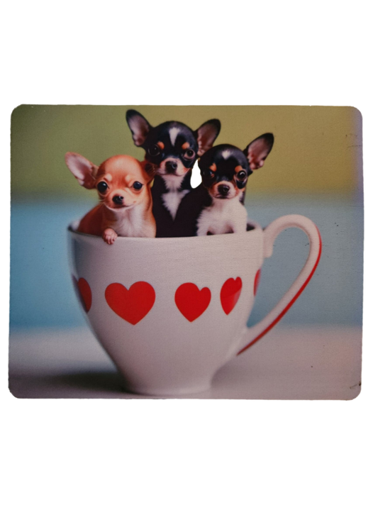 Adorable Chihuahua Trio in a Coffee Cup - Whimsical Mouse Pad with a Splash of Color for Dog Lovers!